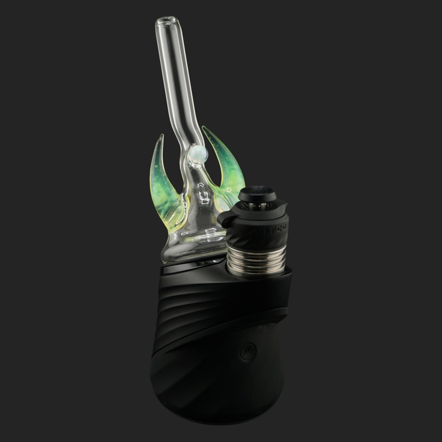 Magizle Glass Crescent Horns Green Dry Top front view with curved green glass horns and opal