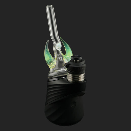 Magizle Glass Crescent Horns Green Dry Top front view with curved green glass horns and opal