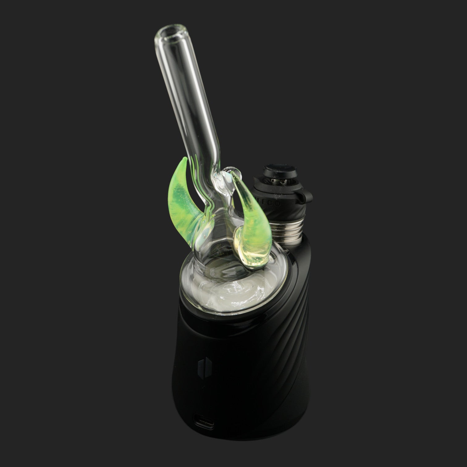 Side view of Crescent Horns Green with clear glass straw and green horn details