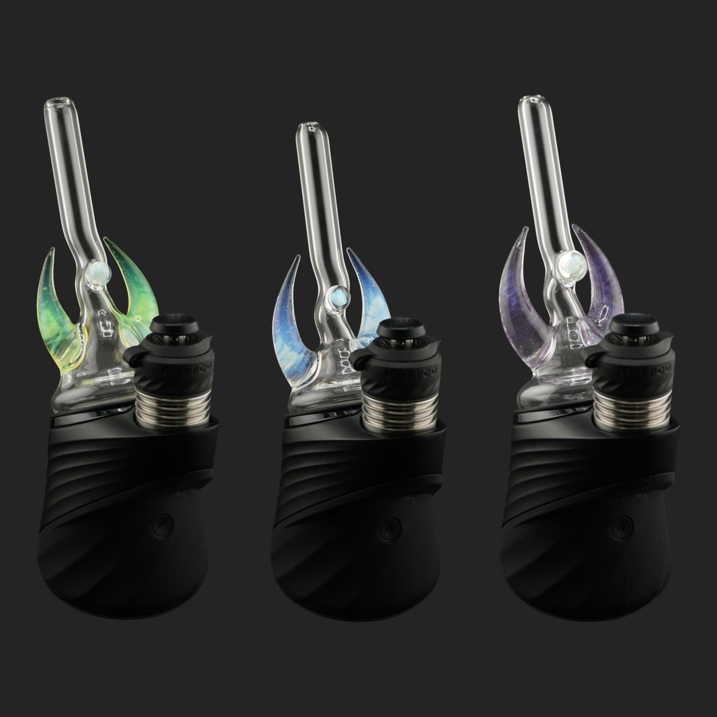 Magizle Glass Crescent Horns Dry Tops in Green Blue and Purple with twin curved glass horns and opals