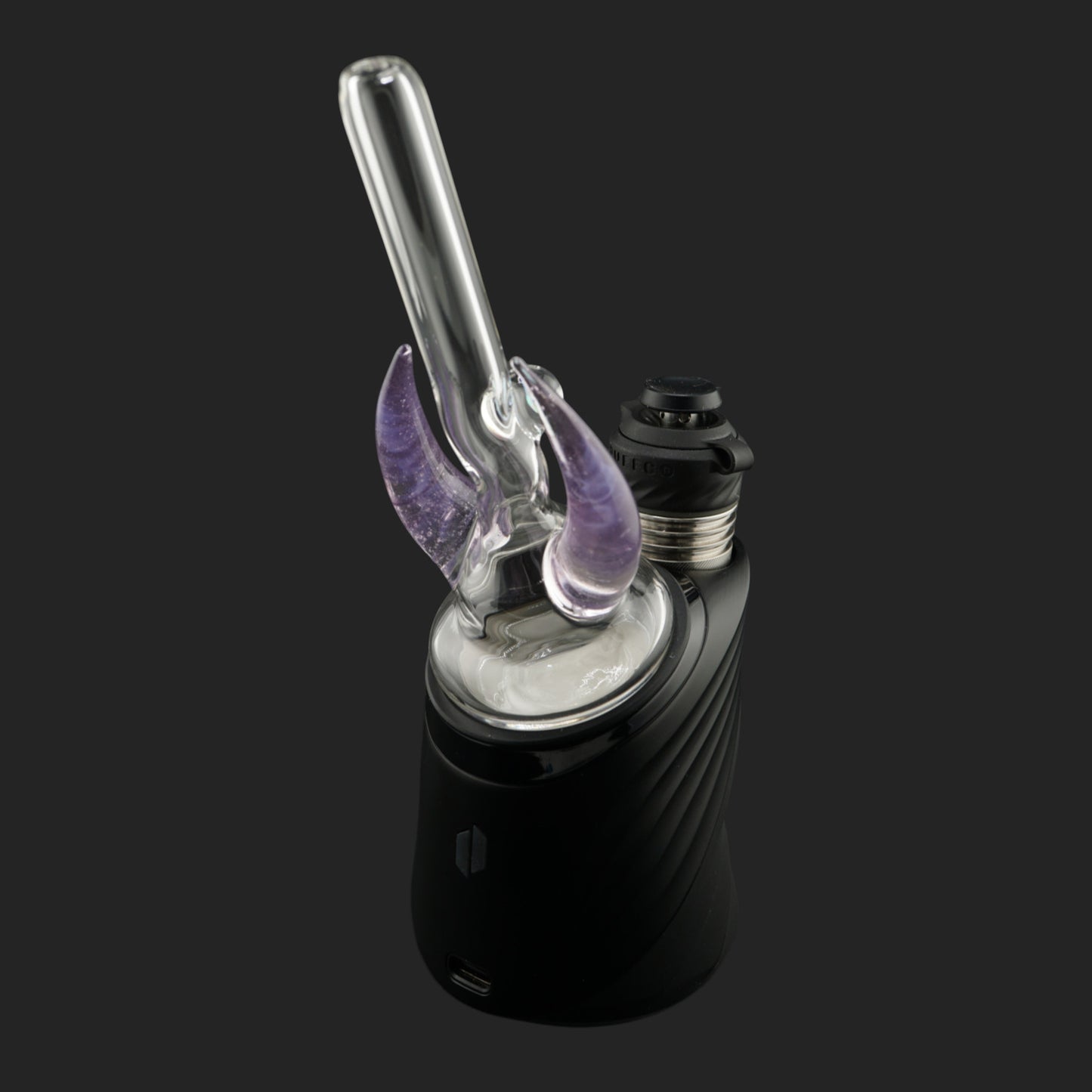 Side view of Crescent Horns Purple with clear glass straw and purple horn details