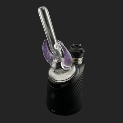 Side view of Crescent Horns Purple with clear glass straw and purple horn details
