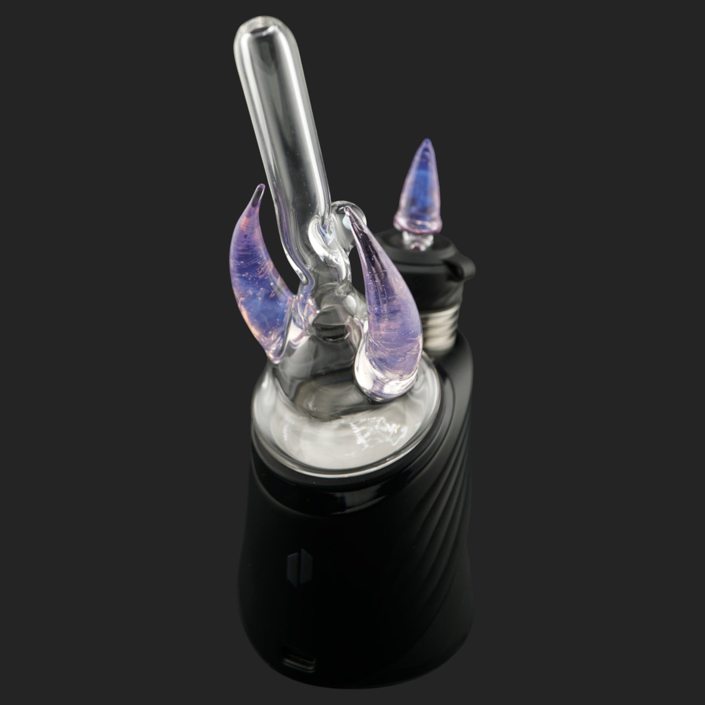 Side view of Magizle Glass Eclipse Horns with curved glass horns, opal and clear straw