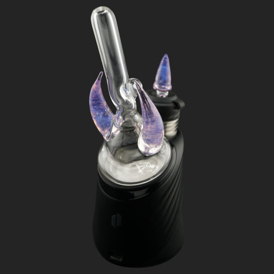 Side view of Magizle Glass Eclipse Horns with curved glass horns, opal and clear straw