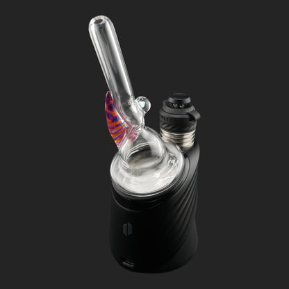 Side view of Magizle Glass Helix Horn with two-tone purple orange horn and clear glass straw