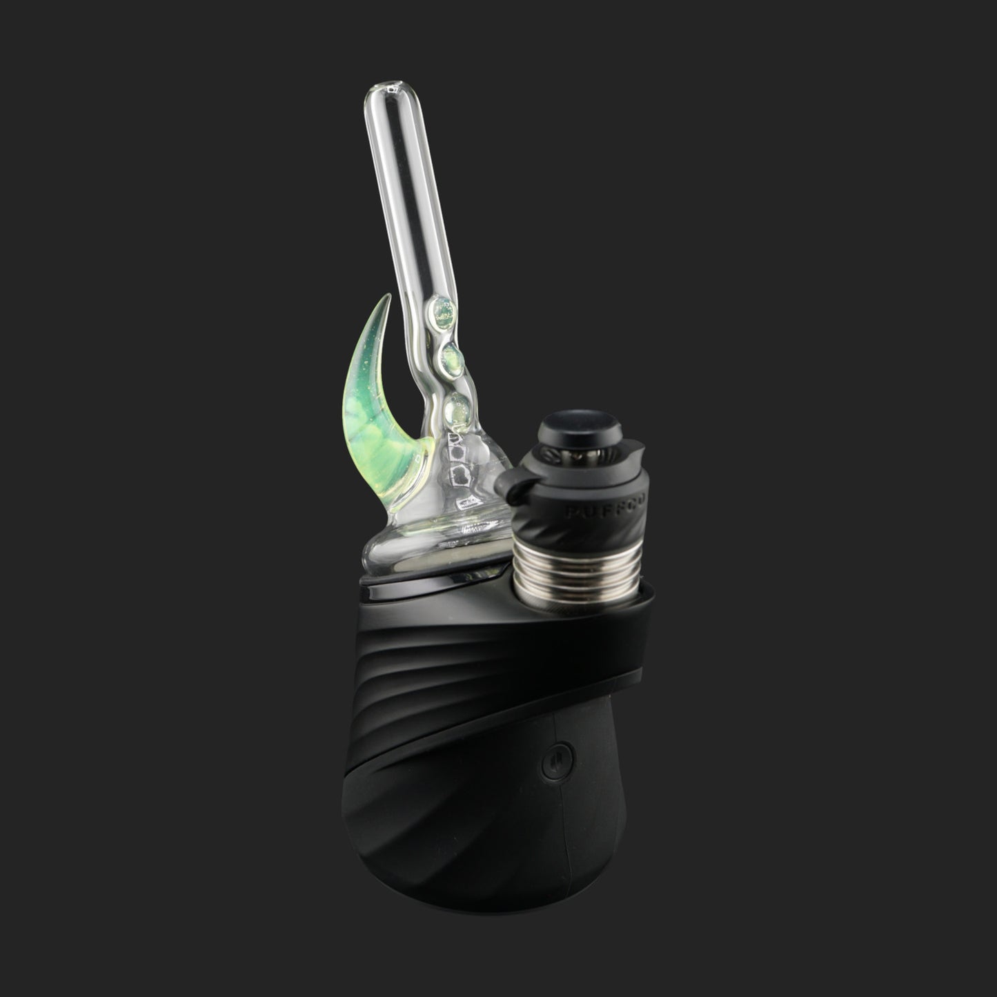 Magizle Glass Triple Eye Green Puffco Peak Dry Top front view with three green glass eyes and curved horn
