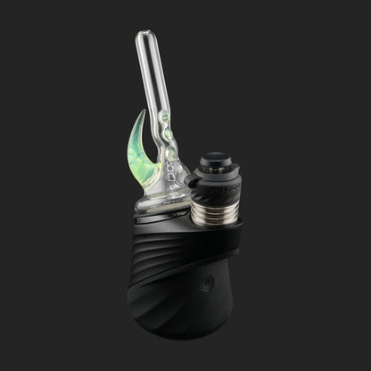 Magizle Glass Triple Eye Green Puffco Peak Dry Top front view with three green glass eyes and curved horn