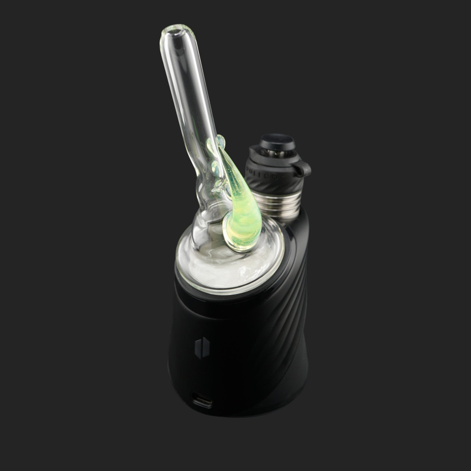 Magizle Glass Triple Eye Green Puffco Peak Dry Top side view with clear straw and green glass horn