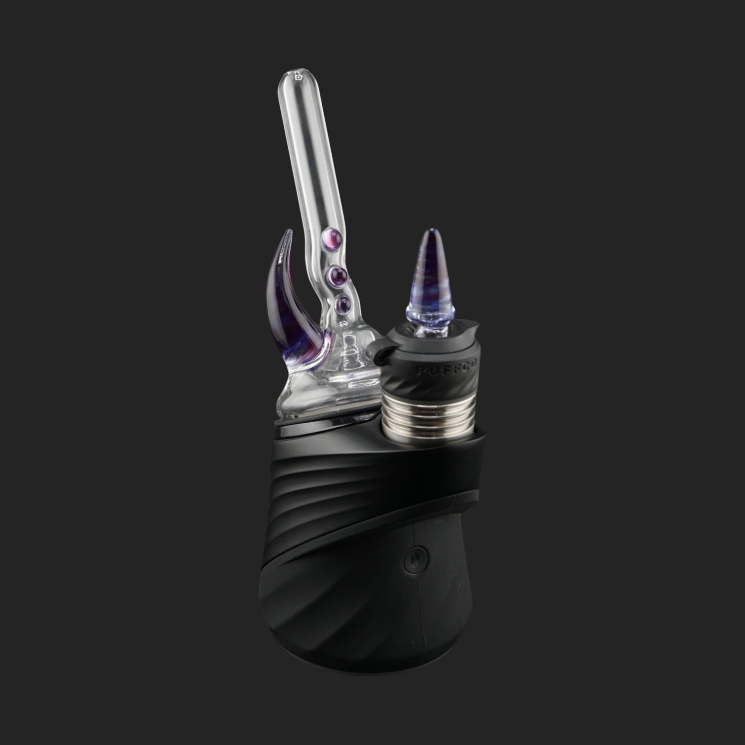 Magizle Glass Triple Eye Purple Puffco Peak Dry Top front view with three purple glass eyes and curved horn