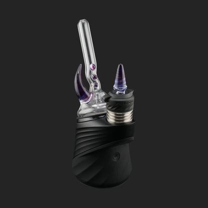 Magizle Glass Triple Eye Purple Puffco Peak Dry Top front view with three purple glass eyes and curved horn