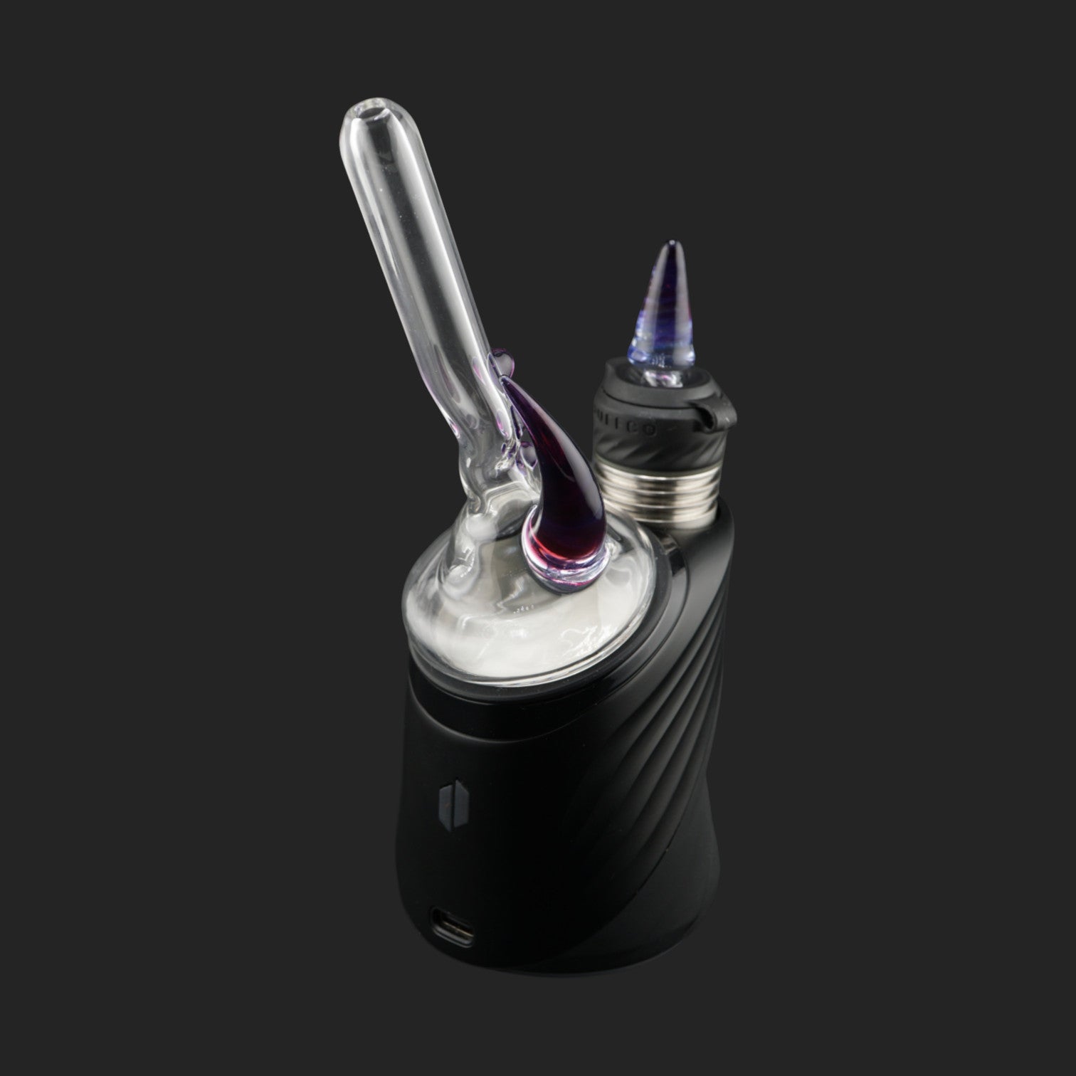 Magizle Glass Triple Eye Purple Puffco Peak Dry Top side view with clear straw and purple glass horn