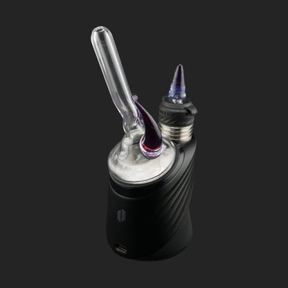 Magizle Glass Triple Eye Purple Puffco Peak Dry Top side view with clear straw and purple glass horn