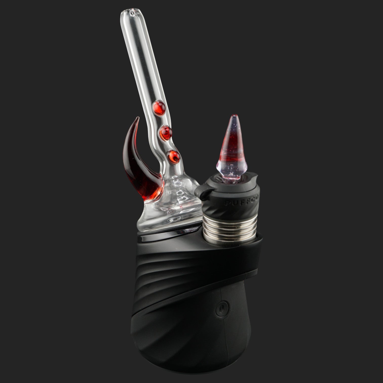 Magizle Glass Triple Eye Red Puffco Peak Dry Top front view with three red glass eyes and curved horn