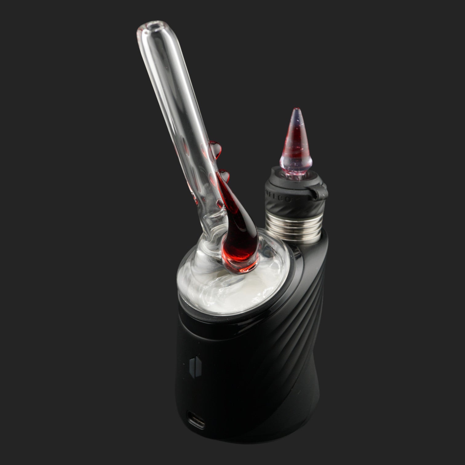 Magizle Glass Triple Eye Red Puffco Peak Dry Top side view with clear straw and red glass horn