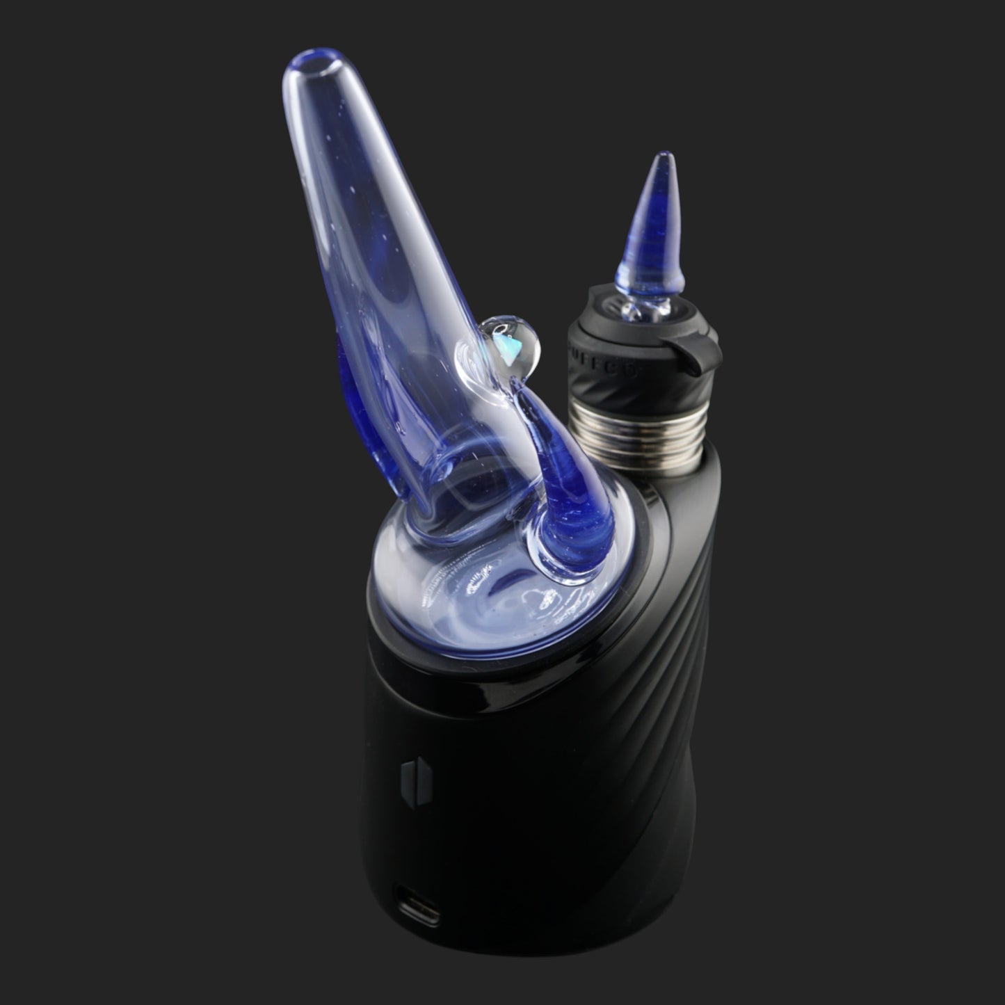 Side view of Twin Peaks Blue with curved glass horns and colored straw
