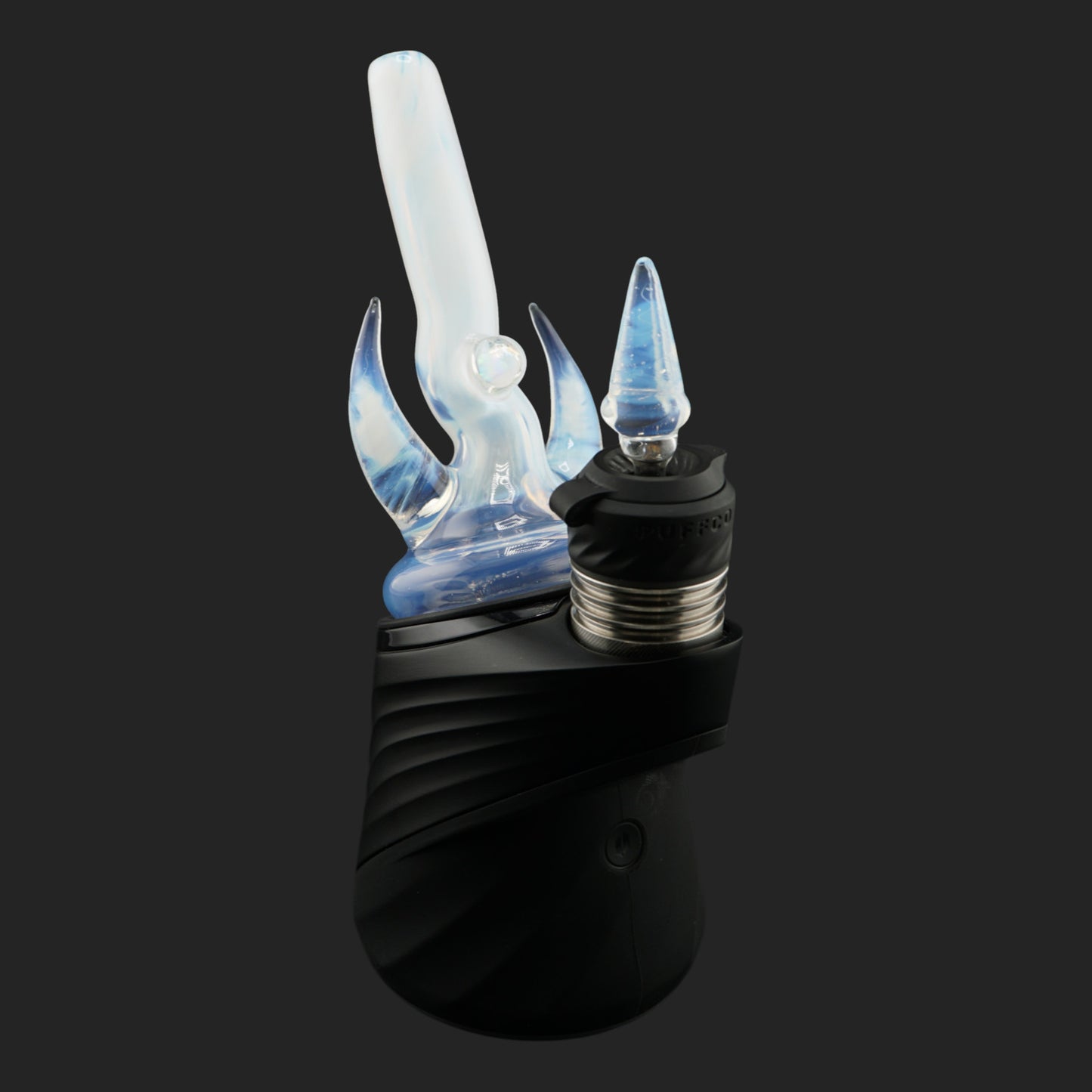 Magizle Glass Twin Peaks Ghost Dry Top front view with blue glass horns and opal
