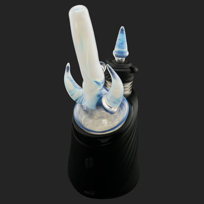 Side view of Twin Peaks Ghost with blue glass horns and milky translucent straw