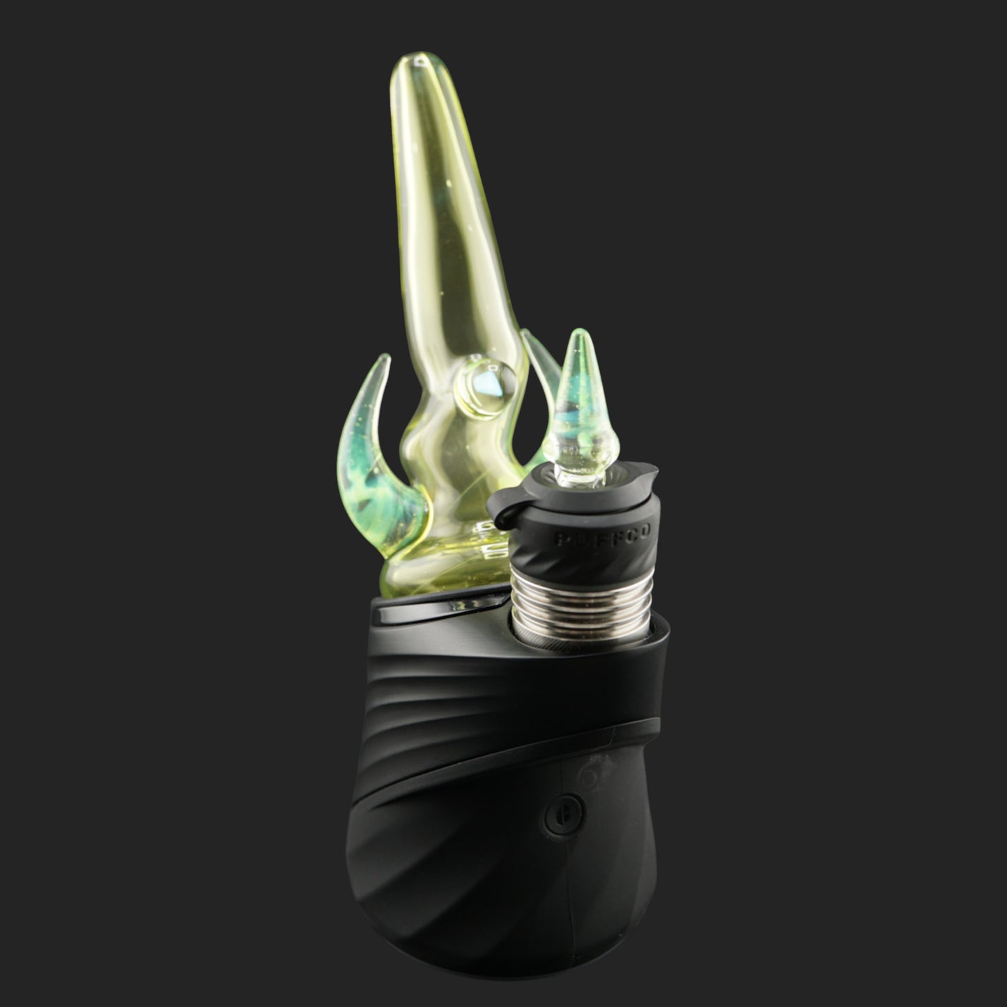 Magizle Glass Twin Peaks Green Dry Top front view with twin green glass horns and opal