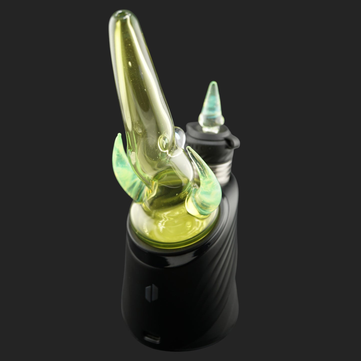 Side view of Twin Peaks Green with curved glass horns and green colored straw