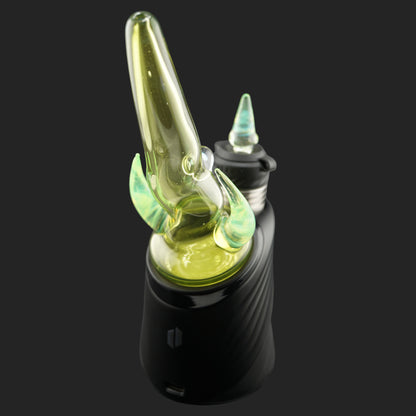 Side view of Twin Peaks Green with curved glass horns and green colored straw