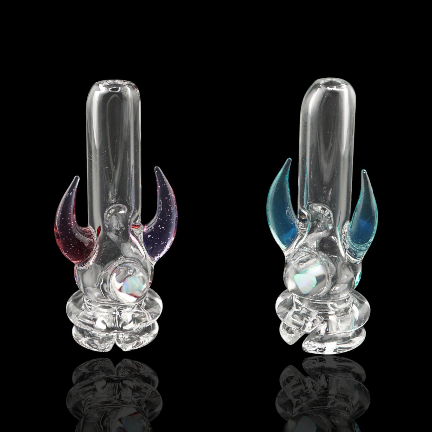 Magizle Opal Horn Puffco Proxy glass mouthpieces in Aqua Blue and Red Purple with twin horns and opals