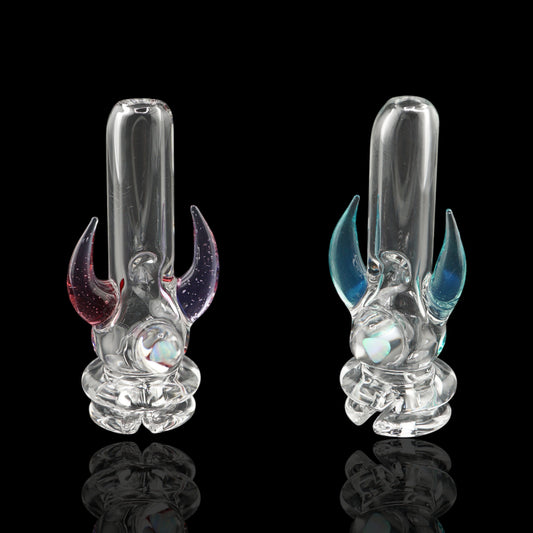 Magizle Opal Horn Puffco Proxy glass mouthpieces in Aqua Blue and Red Purple with twin horns and opals