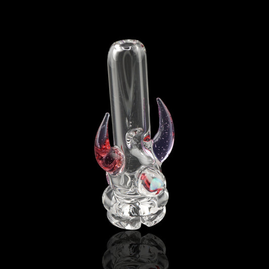 Magizle Opal Horn Red Purple Puffco Proxy glass mouthpiece front view with twin horns and opal