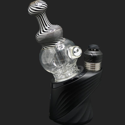 Detailed view of the Mind Blowing Glass Skull Spiral wet top highlighting the black and white ribbon pattern and sculpted glass artwork.