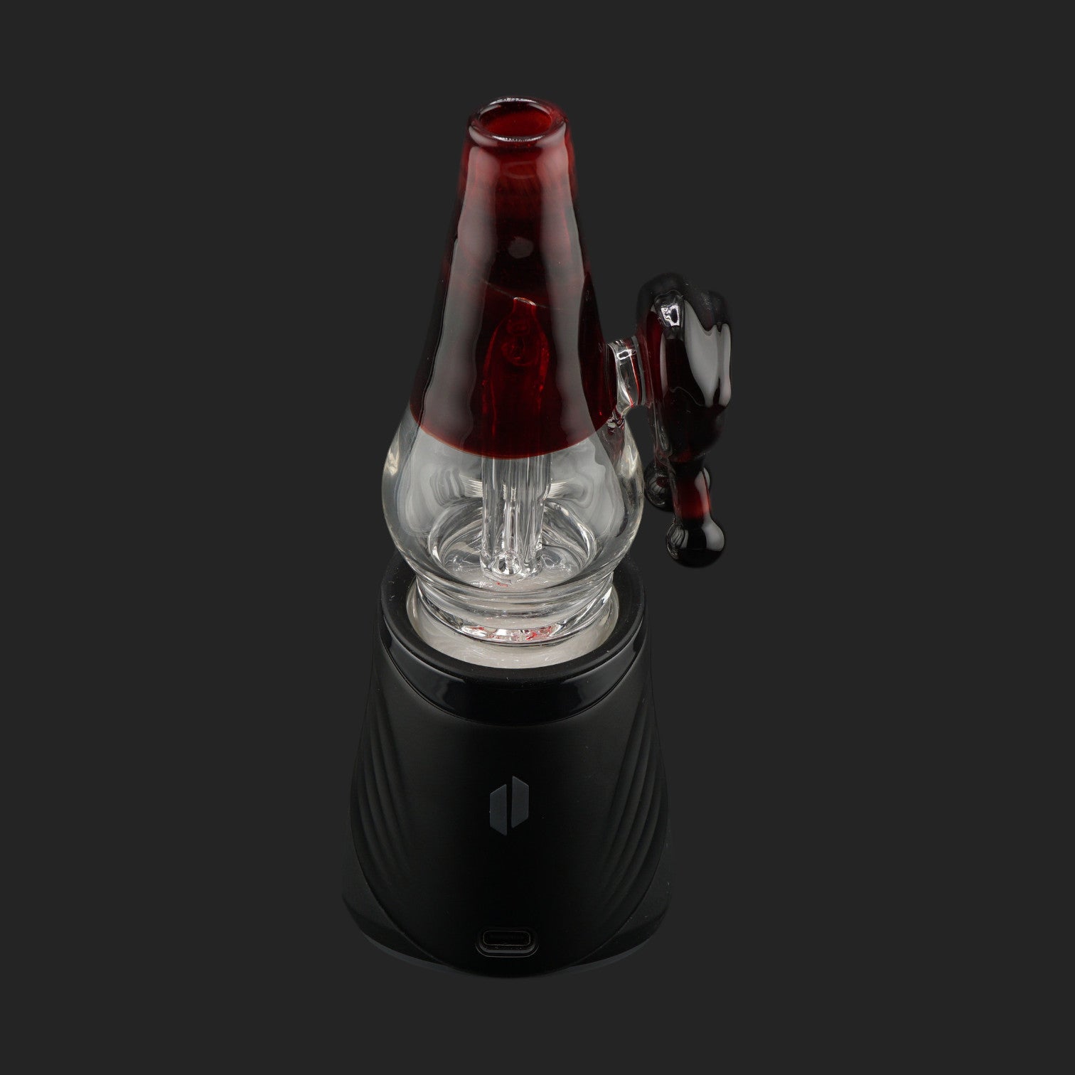 Front view of the handmade Crimson Watch glass attachment showing its clear water chamber and internal percolator.