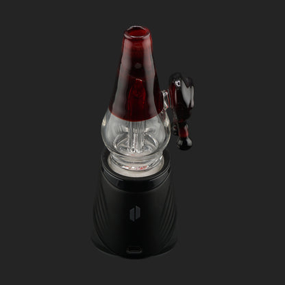 Front view of the handmade Crimson Watch glass attachment showing its clear water chamber and internal percolator.