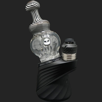 Side profile of the handmade Skull Spiral wet top with monochrome spiral pattern and open airflow design.
