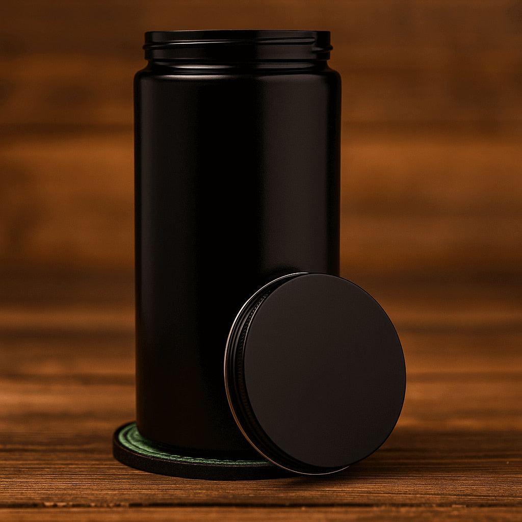 1000 ml Miron UV-Aufbewahrungsglas mit Metalldeckel auf Holztisch – ideal für Cannabis, Kräuter und Curing