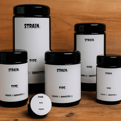 UV-Vorratsgläser aus Miron Violettglas in verschiedenen Größen mit Etiketten, auf Holzuntergrund