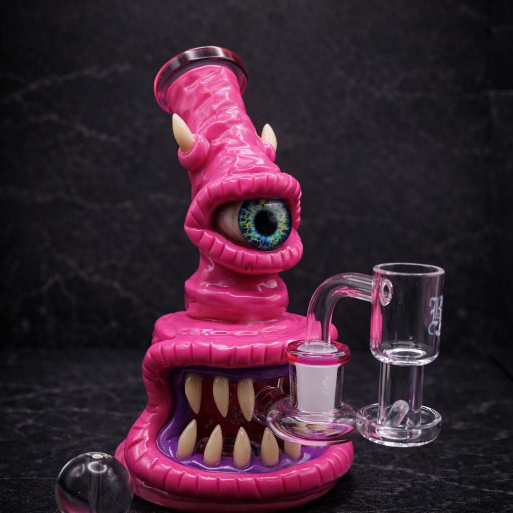 Handgefertigtes pinkes Monster Dab Rig aus Glas mit Augen- und Zahn-Design vor dunklem Studiohintergrund