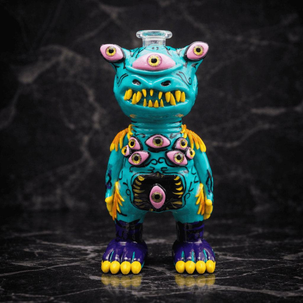 Handgefertigtes Monster Dab Rig aus Glas in Türkis mit mehreren Augen und gelben Zähnen vor dunklem Studiohintergrund