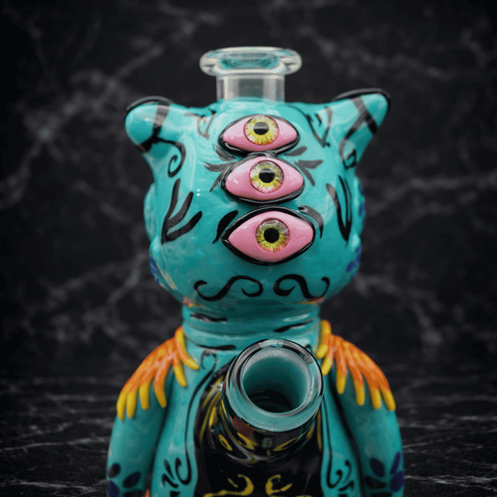 Detailaufnahme des Kopfes eines Monster Dab Rigs aus Glas mit pinken Augen und schwarzer Linienstruktur