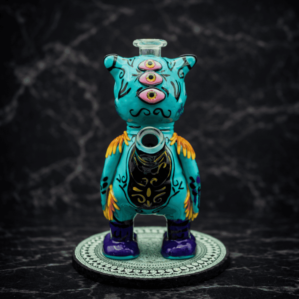 Rückansicht eines Monster Dab Rigs aus Glas in Türkis mit gestapelten Augen und künstlerischen Details