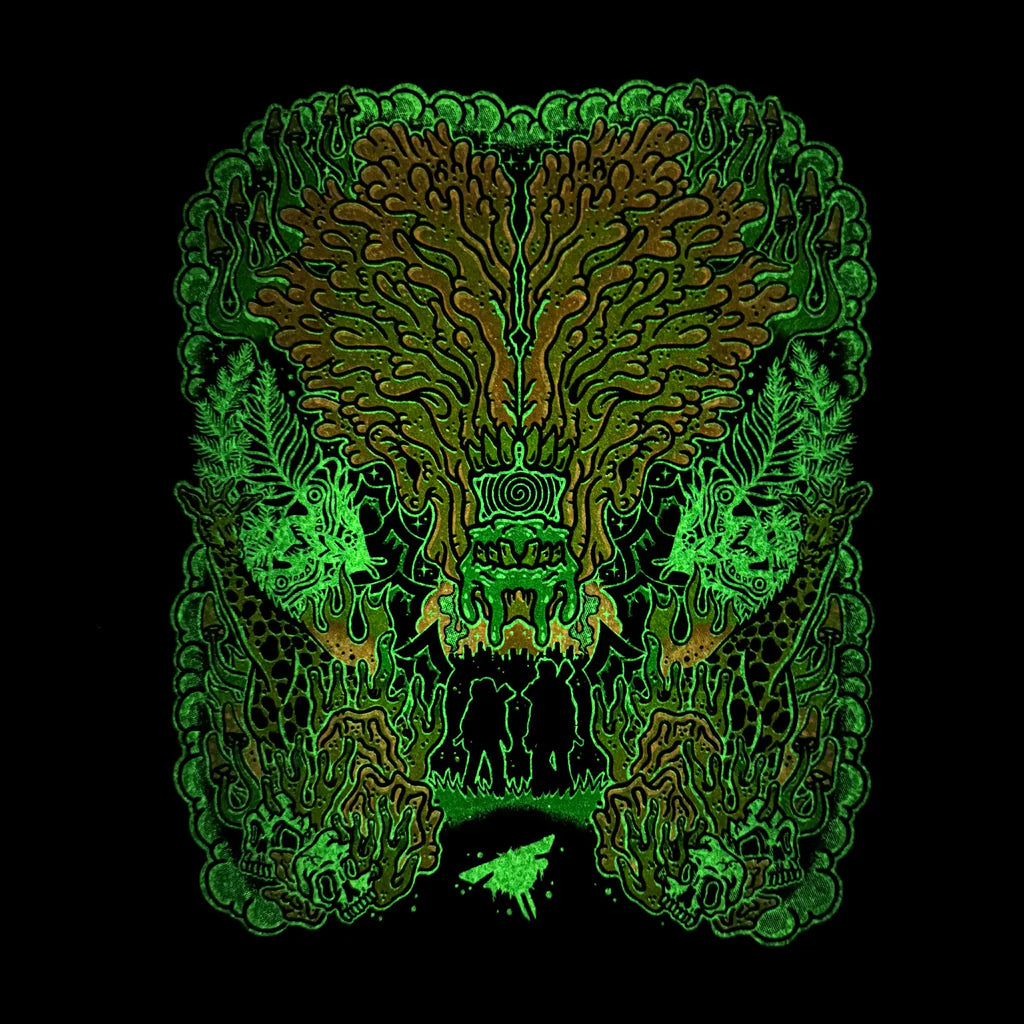 UV reactive glow in the dark screen print by darkmountaincult Fungal moodmat 
