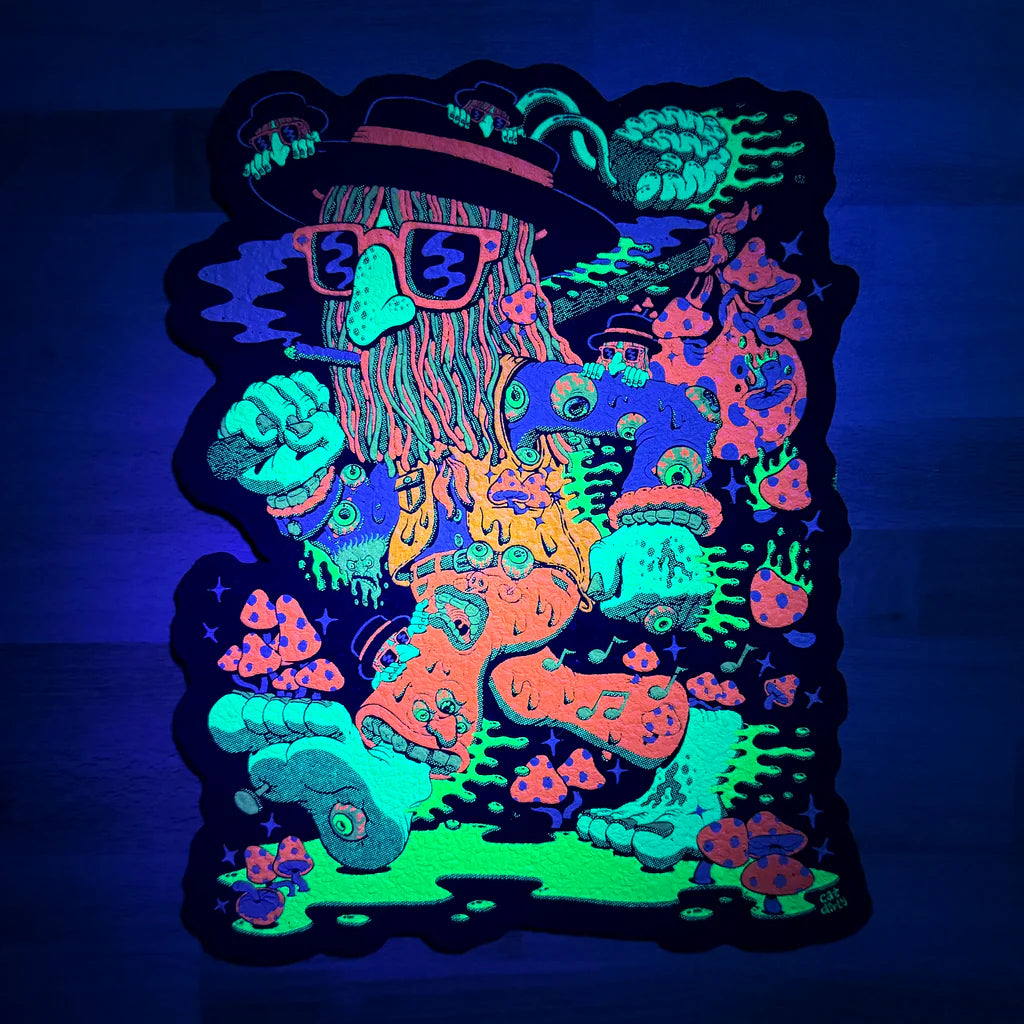 Trippin’ Hobo moodmat with UV and glow screen print by Cat Dirty