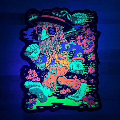 Trippin’ Hobo moodmat with UV and glow screen print by Cat Dirty