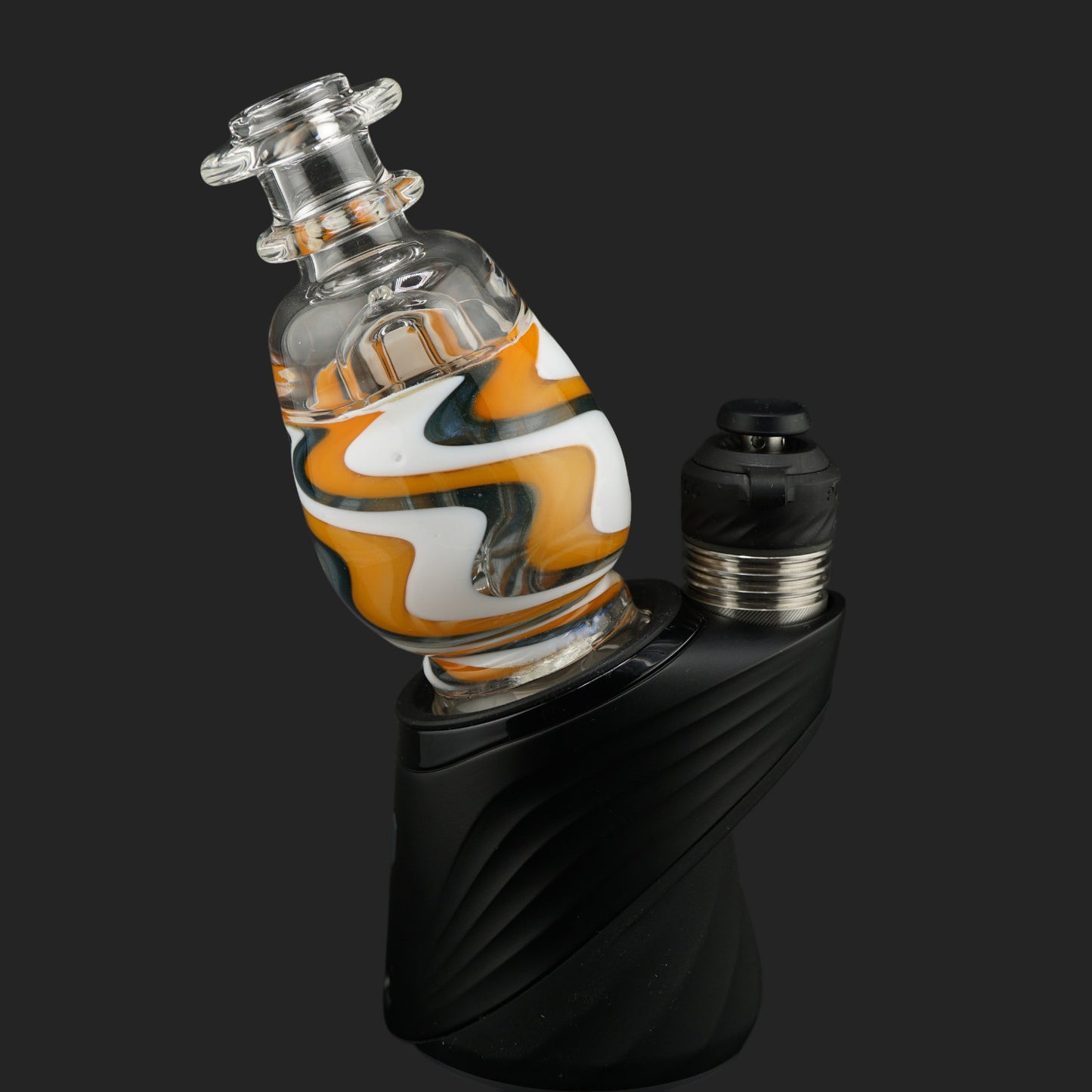 Side profile of the handmade Orange Ribbon wet top with translucent blue glitter glass and orange ribbon pattern.