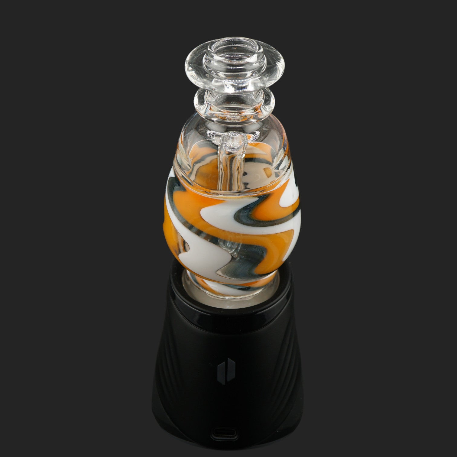 Front view of the Orange Ribbon wet top for Puffco Peak Pro showcasing sparkling blue glass and handcrafted ribbon linework.