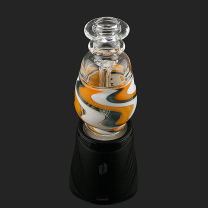 Front view of the Orange Ribbon wet top for Puffco Peak Pro showcasing sparkling blue glass and handcrafted ribbon linework.