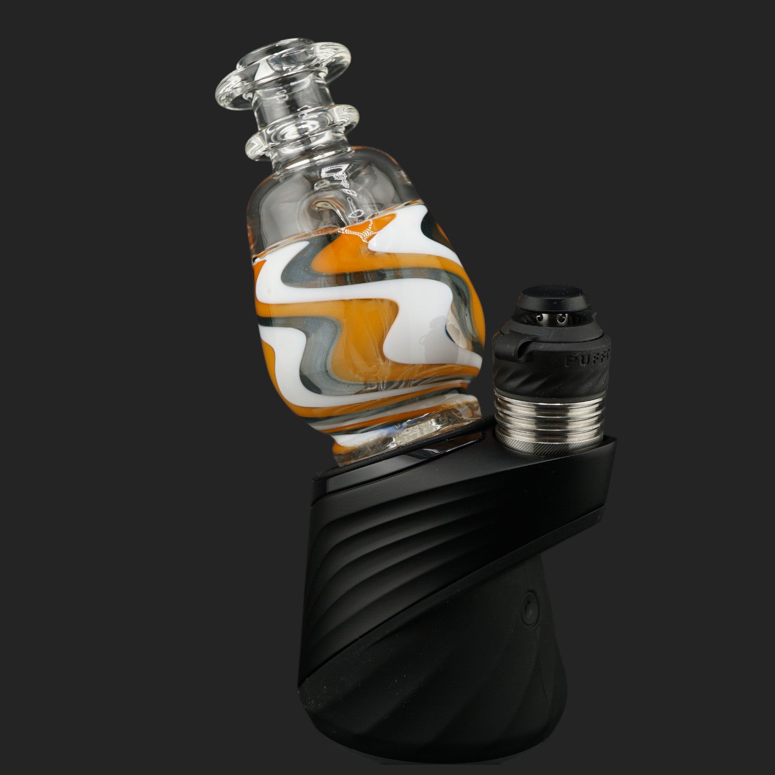 Front angle view of the Nobullglassworks Orange Ribbon wet top featuring flowing orange and white ribbons with shimmering translucent blue glass.