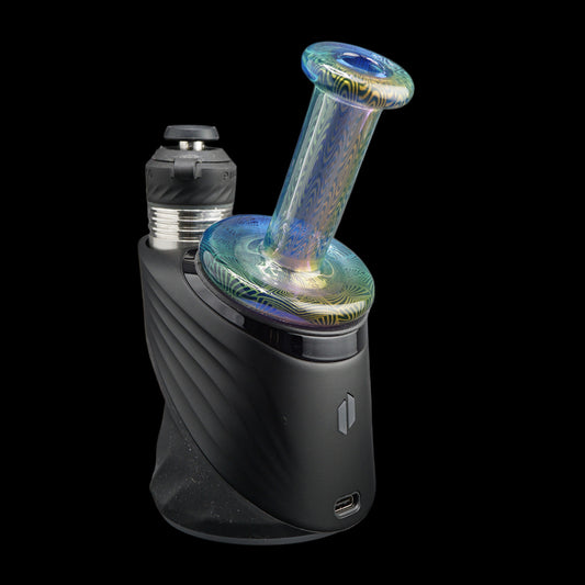 Puffco Peak Pro glass dry top by Hefe Glass with flowing linework pattern blue green