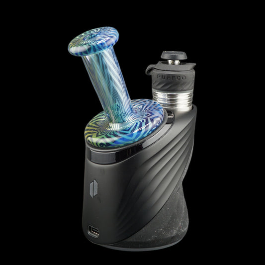 Puffco Peak Pro glass dry top by Hefe Glass with geometric mandala pattern blue green