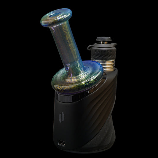 Puffco Peak Pro glass dry top by Hefe Glass with micro geometric pattern blue green