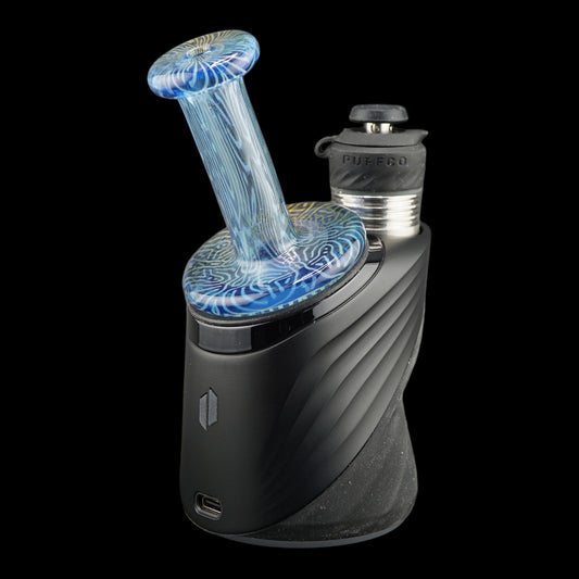 Puffco Peak Pro glass dry top by Hefe Glass with organic labyrinth pattern blue gold