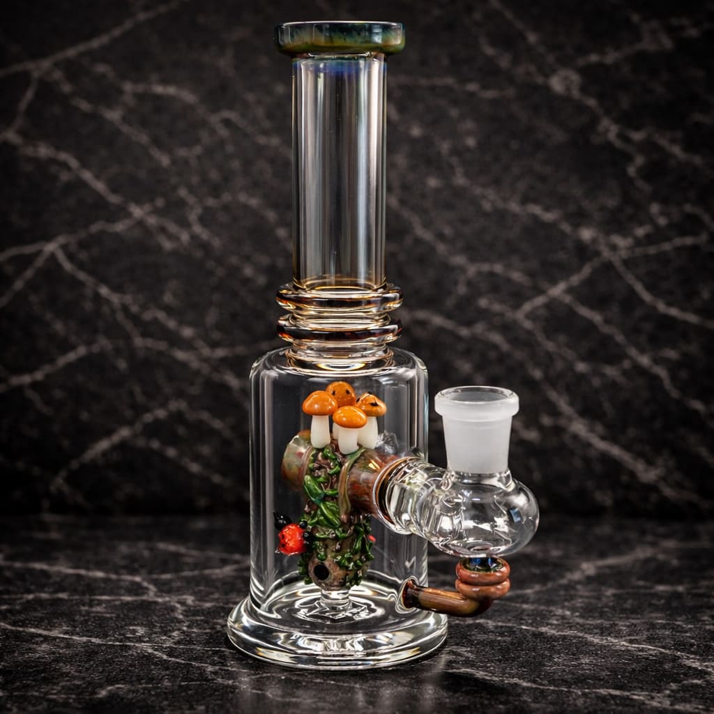 Renew the Redwood dab rig made of borosilicate glass with owl and redwood forest design by Empire Glassworks
