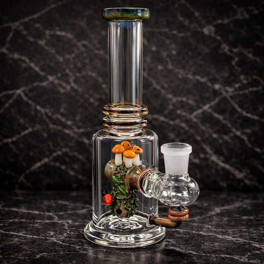 Renew the Redwood dab rig made of borosilicate glass with owl and redwood forest design by Empire Glassworks
